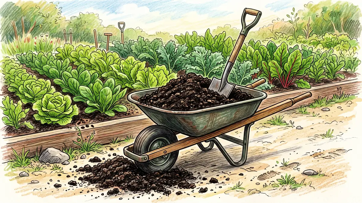 Wheelbarrow of dark finished compost with a spade beside a garden bed on pale sandy ground
