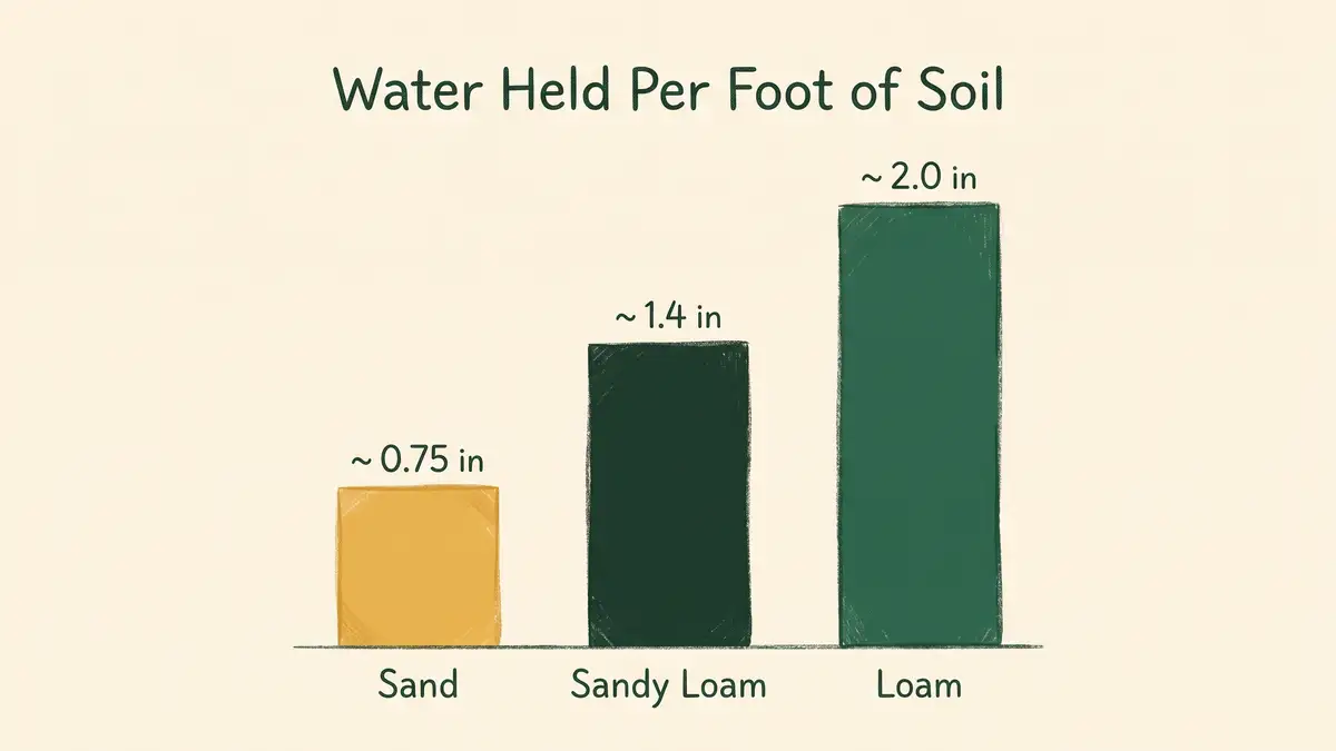 Infographic comparing plant-available water held per foot of soil across sand, sandy loam and loam textures