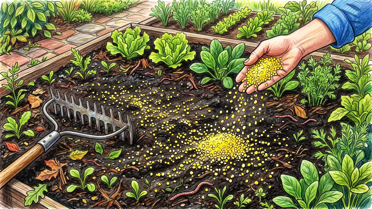 Bright yellow granular elemental sulfur being scattered by hand across the surface of a dark garden bed before working it in