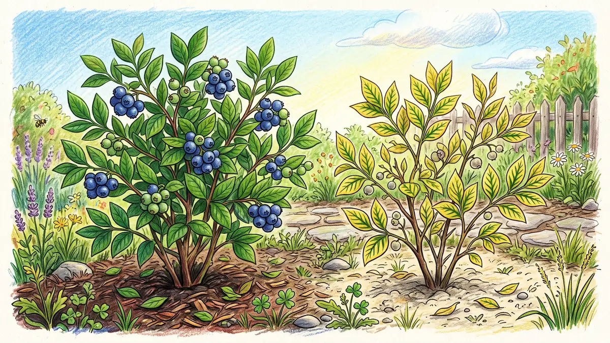 Two blueberry bushes compared, one healthy with green leaves and berries and one with yellowed leaves showing iron chlorosis from alkaline soil