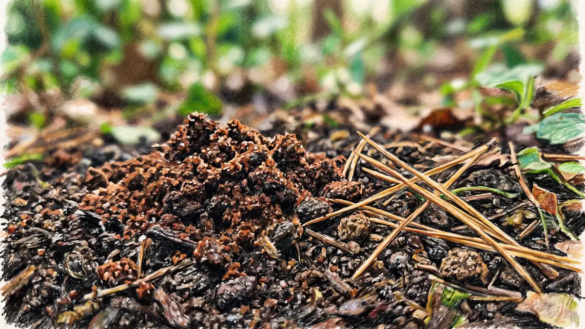 Close-up of used coffee grounds on dark garden soil with pine needles scattered beside them