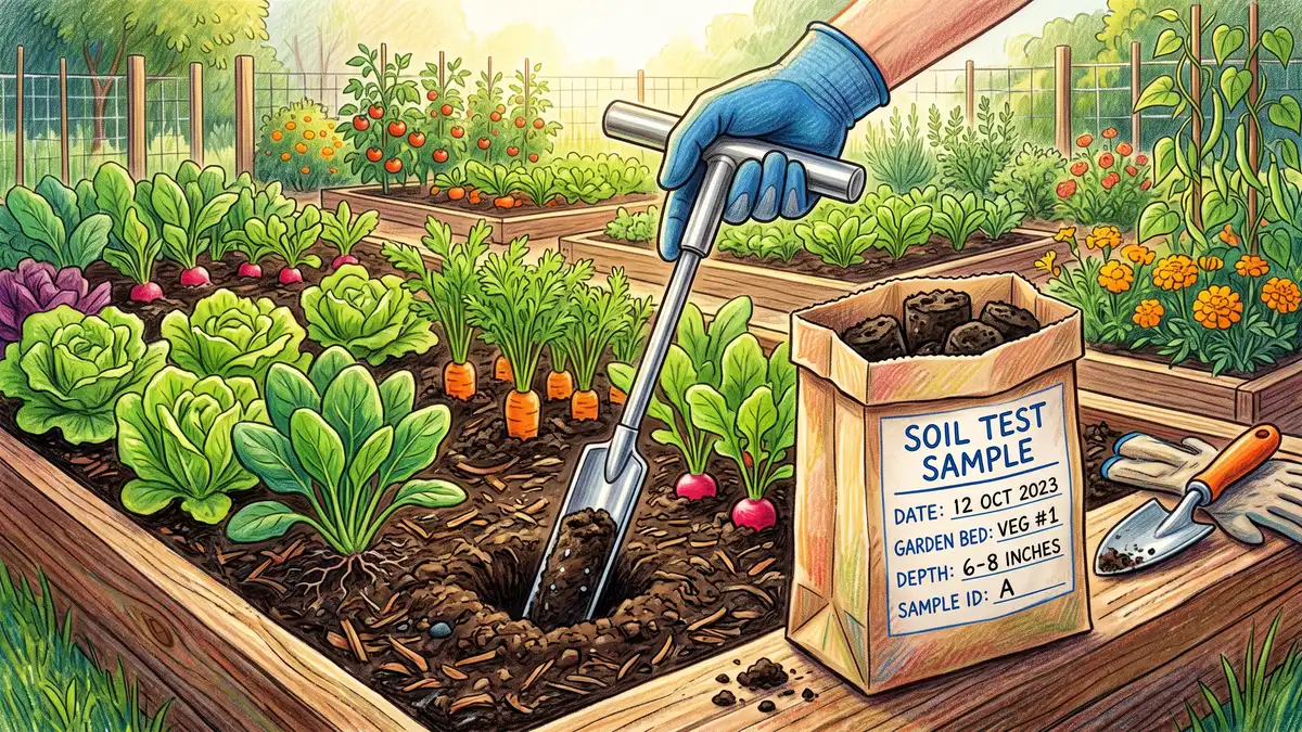 Soil sample being collected with a stainless steel soil probe beside a labeled paper soil test bag in a vegetable garden