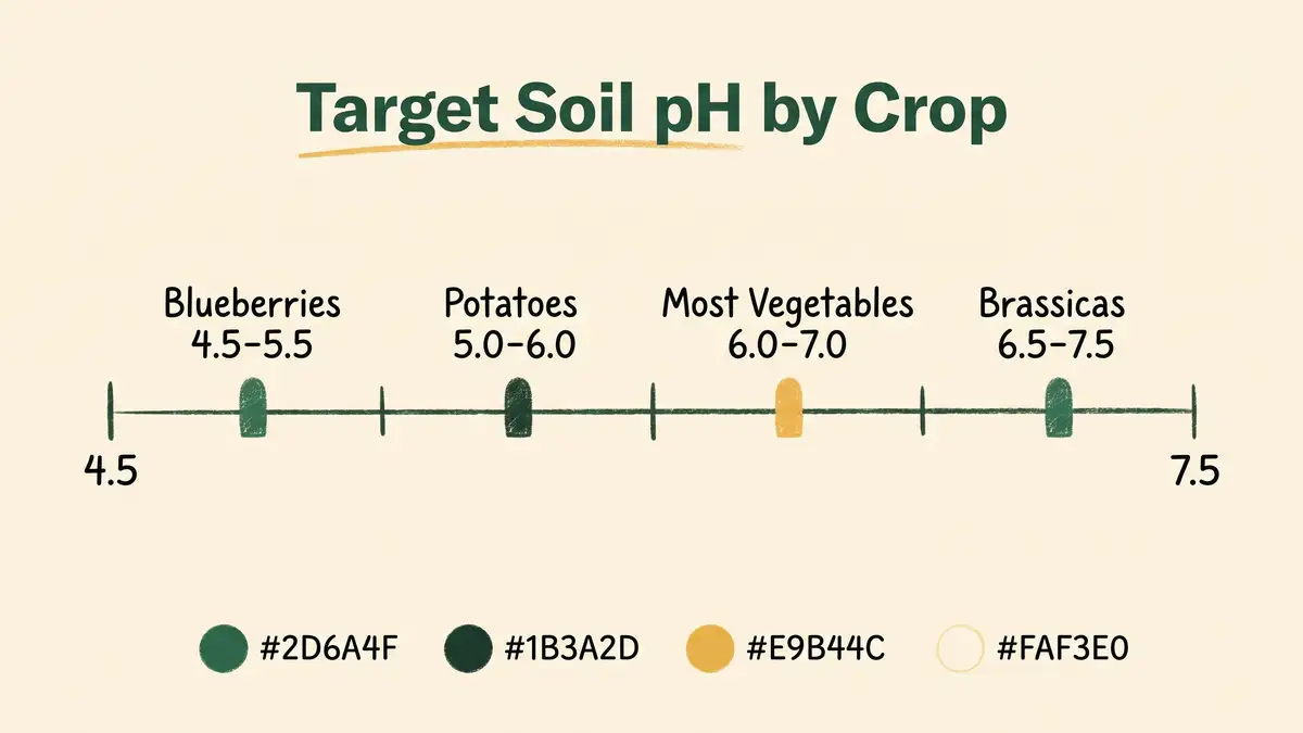 Infographic showing target soil pH ranges by crop including blueberries, potatoes, most vegetables and brassicas on a pH scale