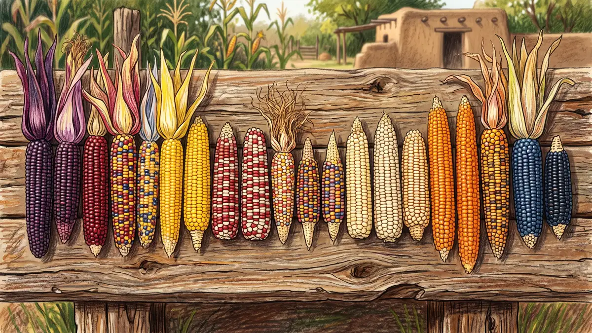 Two dozen landrace maize ears showing wide genetic variation in color and size from deep purple and red to speckled yellow and white