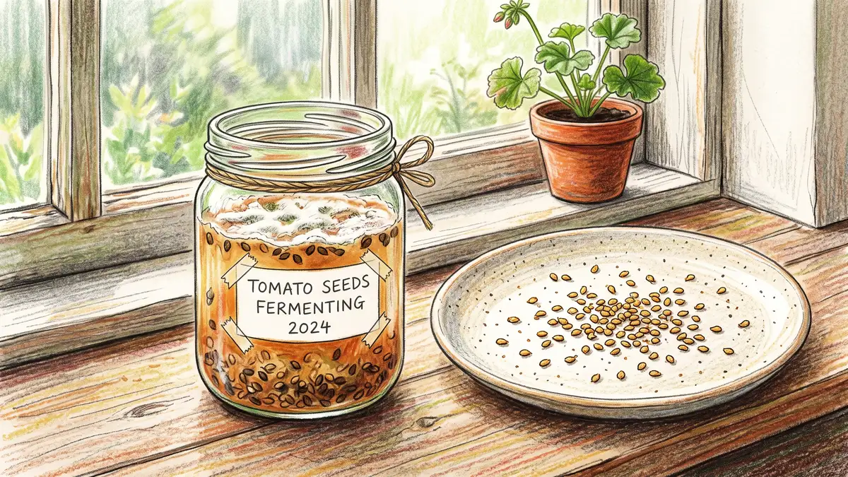 Tomato seeds fermenting in a labeled glass jar on a windowsill beside cleaned seeds drying on a ceramic plate