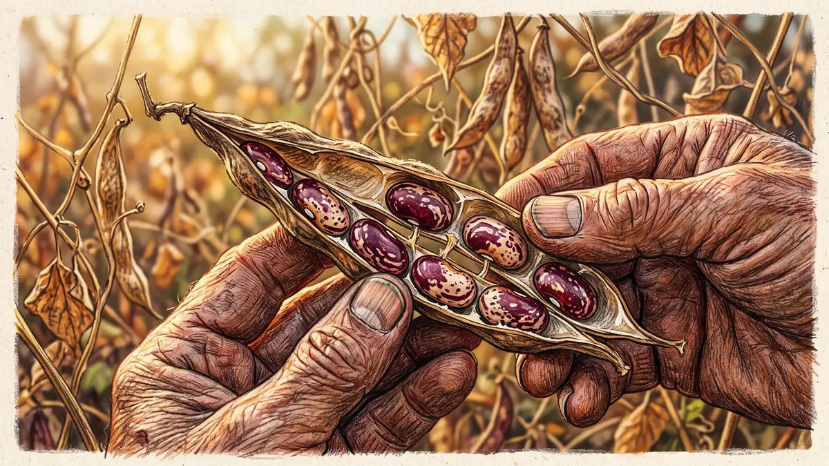 Dry bean pod split open in weathered hands revealing mottled burgundy and cream seed beans ready for saving