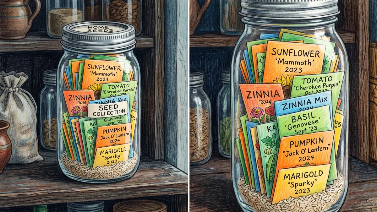 Labeled paper seed envelopes stored in a glass mason jar with rice desiccant on a cool dark pantry shelf