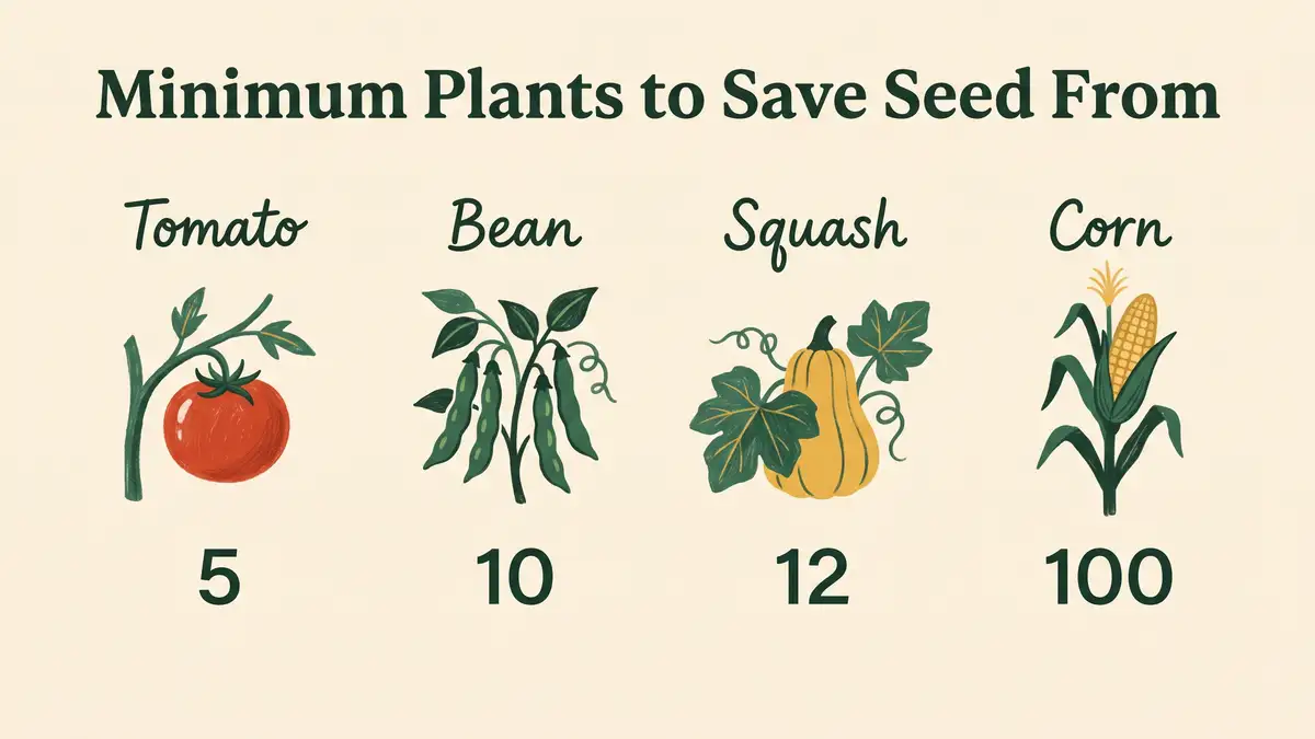 Infographic showing minimum numbers of plants to save seed from for tomato, bean, squash and corn to avoid inbreeding