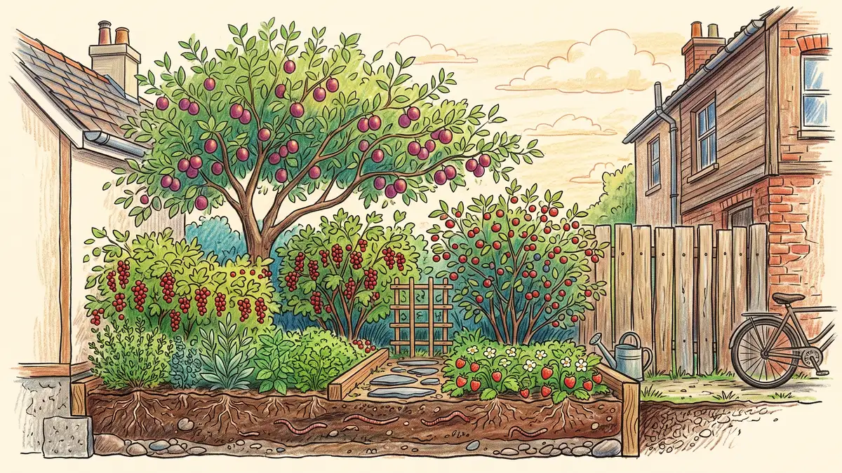 Cross-section of a compressed three-layer urban food forest in a narrow city lot with plum tree, currant shrubs and strawberry ground cover