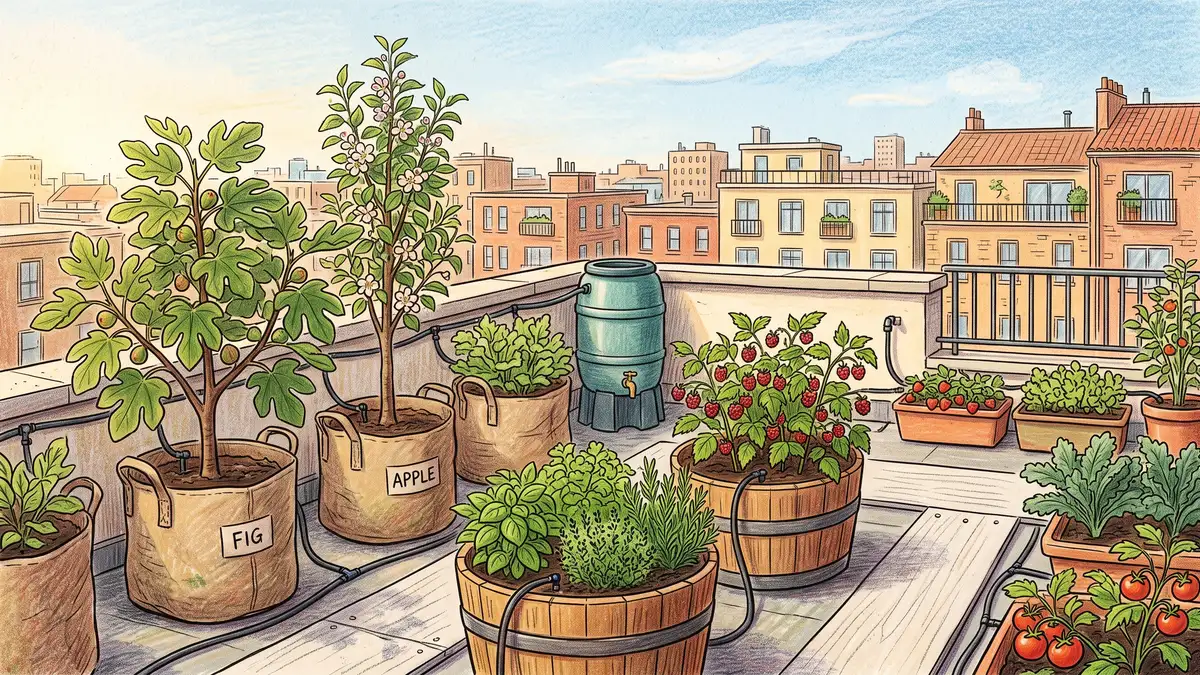 Rooftop container food forest with dwarf fig columnar apple raspberry planters drip irrigation and city skyline behind