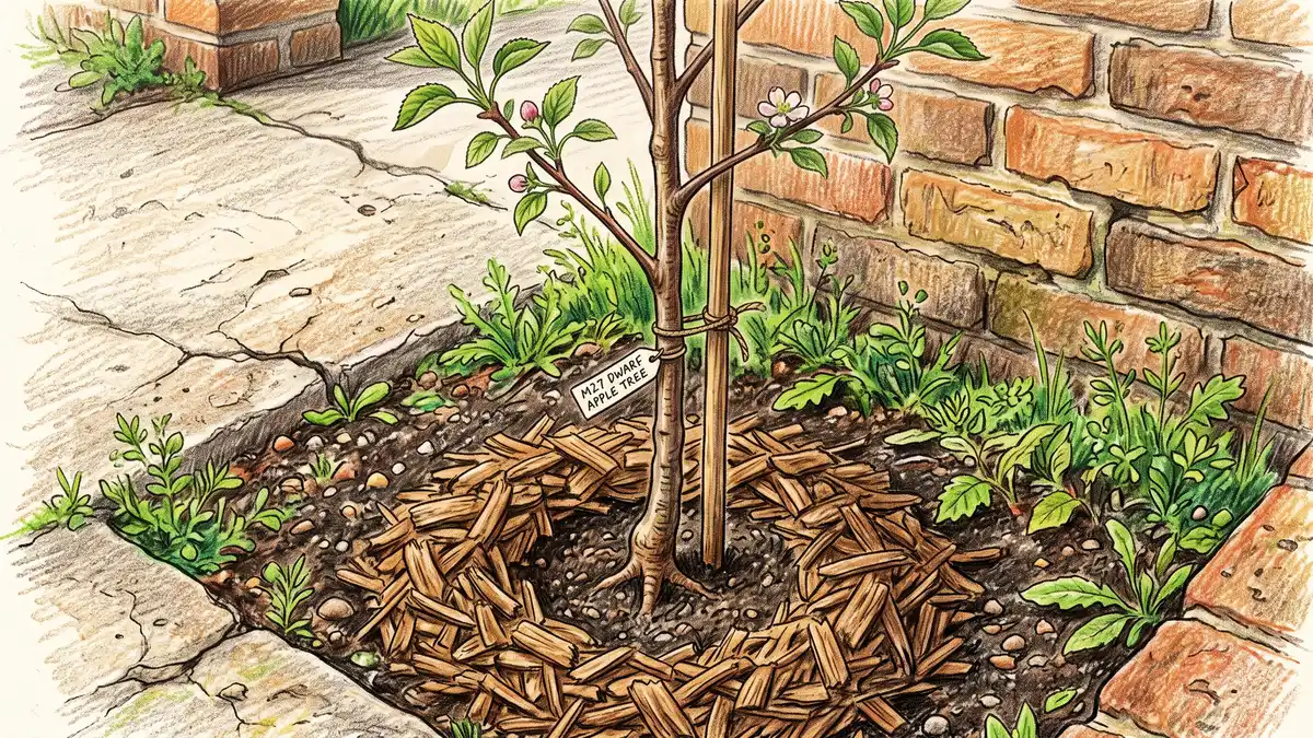 Young dwarf apple tree on M27 rootstock newly planted in a small city garden bed with woodchip mulch ring and brick wall behind