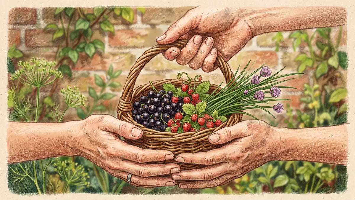 Hands holding a small harvest basket of blackcurrants alpine strawberries and chives picked from an urban food forest garden