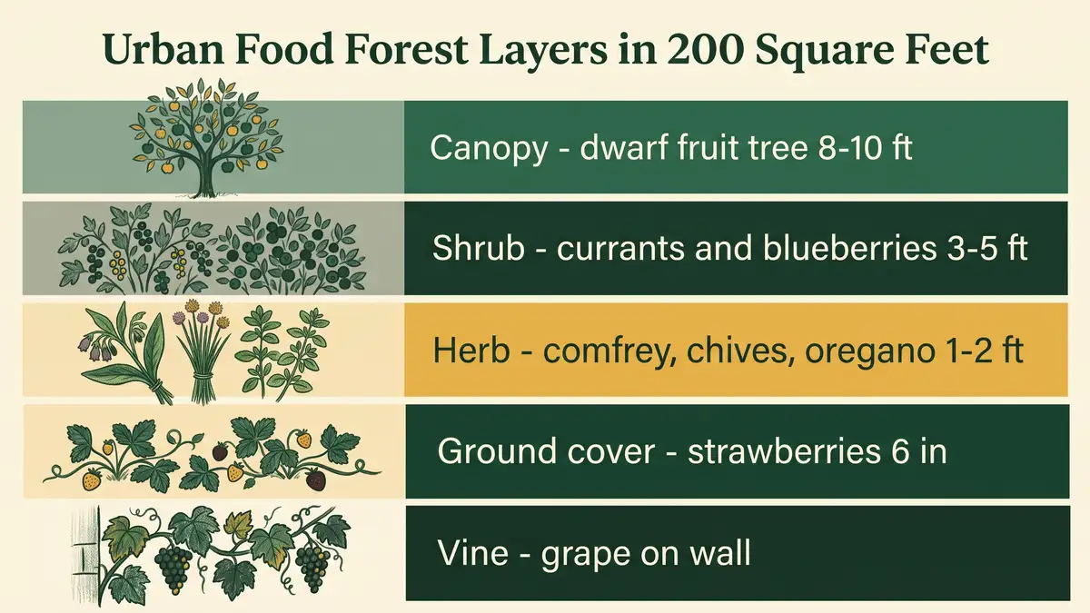 Infographic showing urban food forest layers compressed into 200 square feet from dwarf fruit tree canopy down to strawberry ground cover