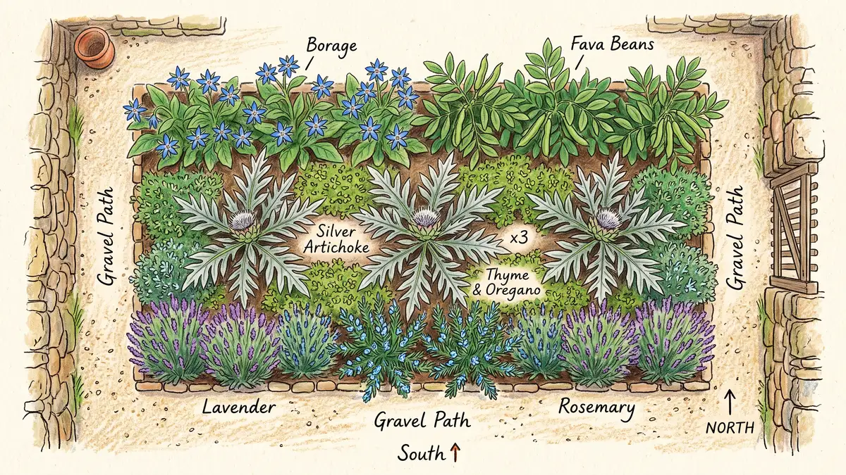 Overhead plan of a Mediterranean garden bed with three spaced artichoke plants, lavender and rosemary at the south edge, borage and fava beans north