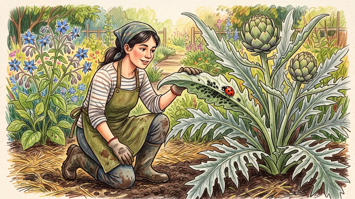 Gardener inspecting the underside of a silver artichoke leaf for black bean aphids with a ladybird beetle and flowering borage nearby