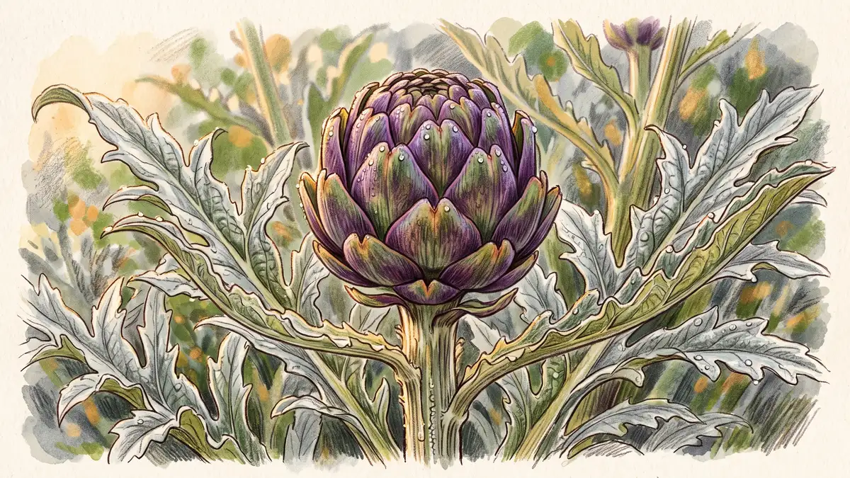 Close-up of an unopened purple-green globe artichoke bud on its stem surrounded by deeply cut silver-grey leaves in morning light