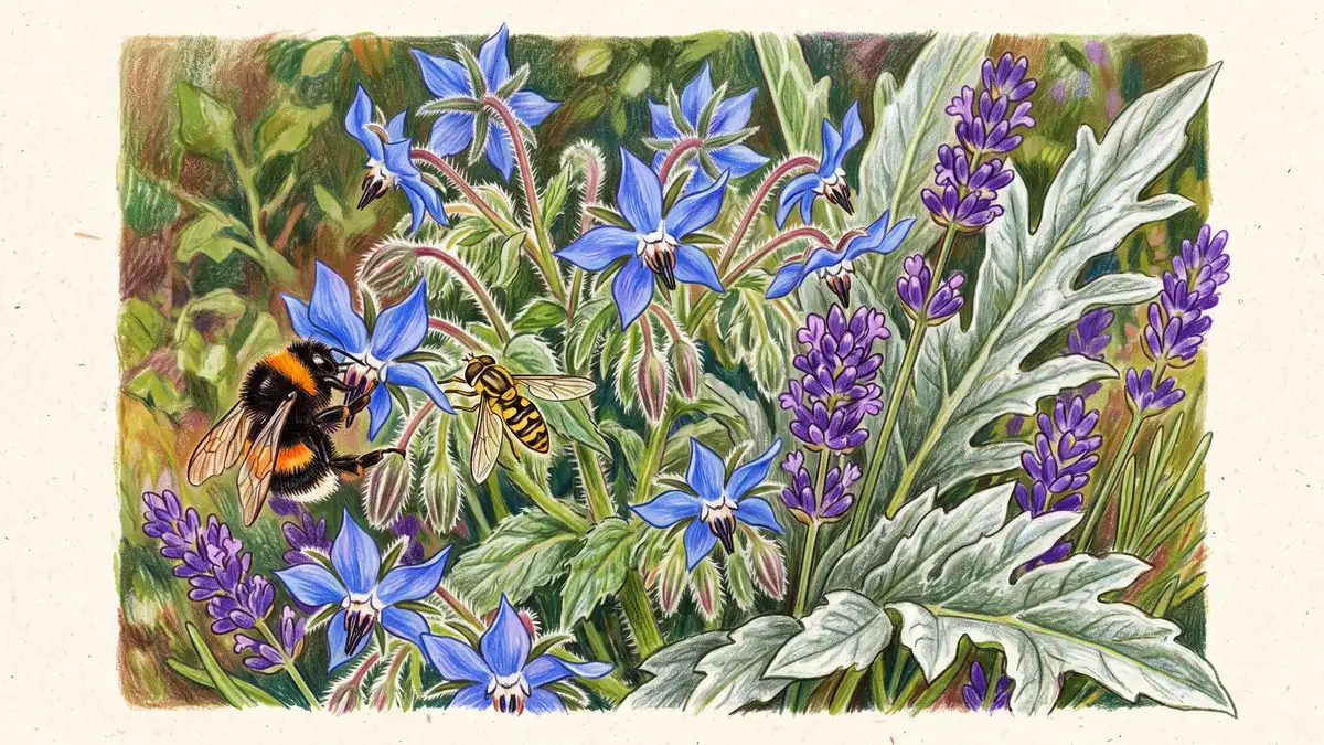 Blue borage flowers and purple lavender growing at the base of a silver artichoke leaf with a bumblebee and hoverfly visiting