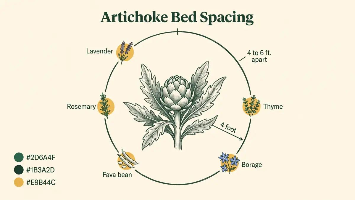 Infographic showing artichoke bed spacing with a central plant and companion herbs lavender rosemary thyme borage and fava bean at the canopy edge