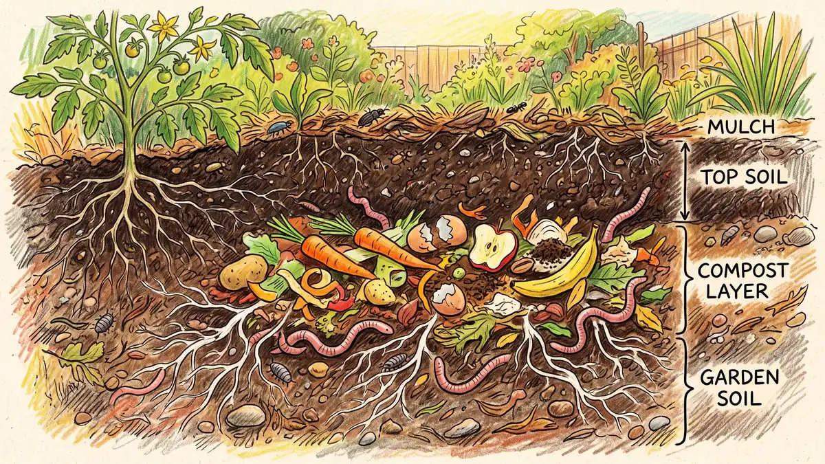 Cut-away soil profile showing a compost pit with buried vegetable peelings under backfilled soil, earthworms and fungal threads in surrounding earth
