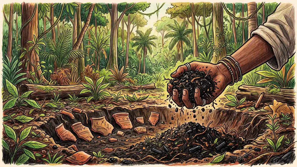 Hand holding charcoal-flecked Amazonian dark earth soil beside a shallow excavation with pottery shards in a rainforest clearing