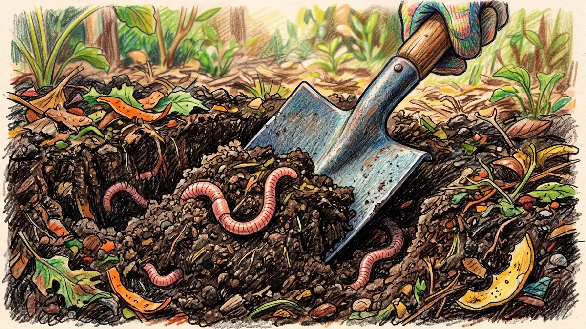 Spade slicing into dark crumbly garden soil with earthworms and half-decomposed vegetable peel visible in the cut face