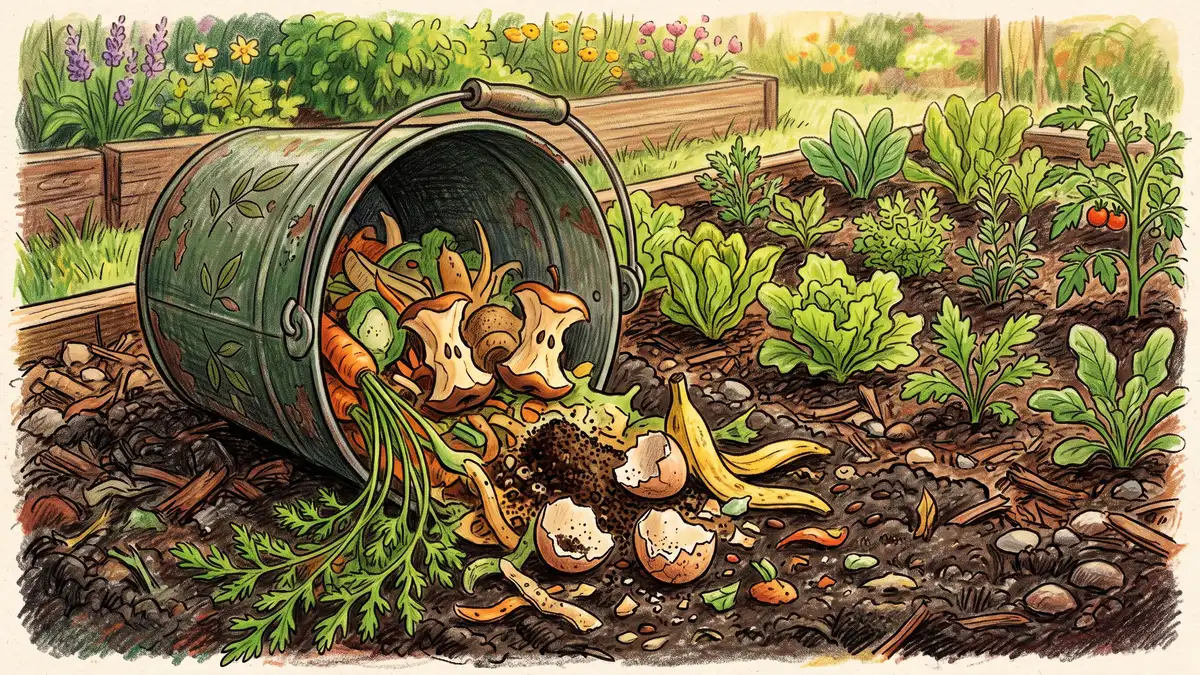 Kitchen scrap bucket tipped over on dark garden soil spilling carrot tops, apple cores, coffee grounds and crushed eggshells