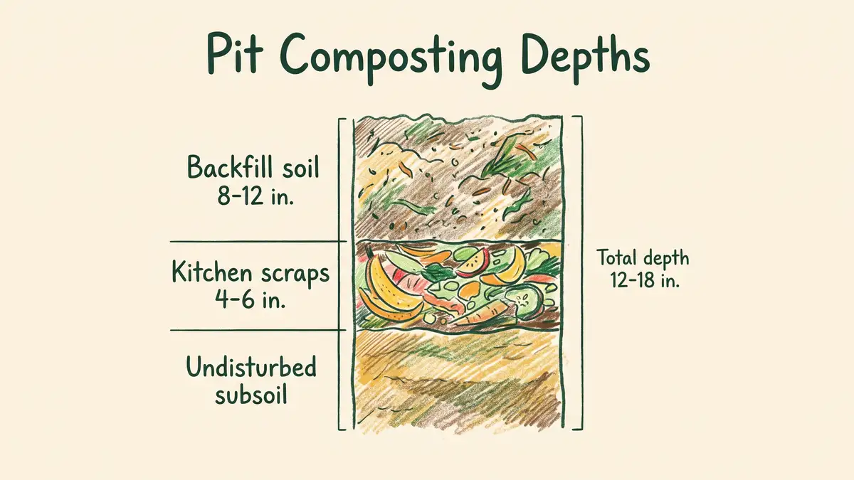 Infographic showing pit composting depths with backfill soil above kitchen scraps layer and total depth of 12 to 18 inches
