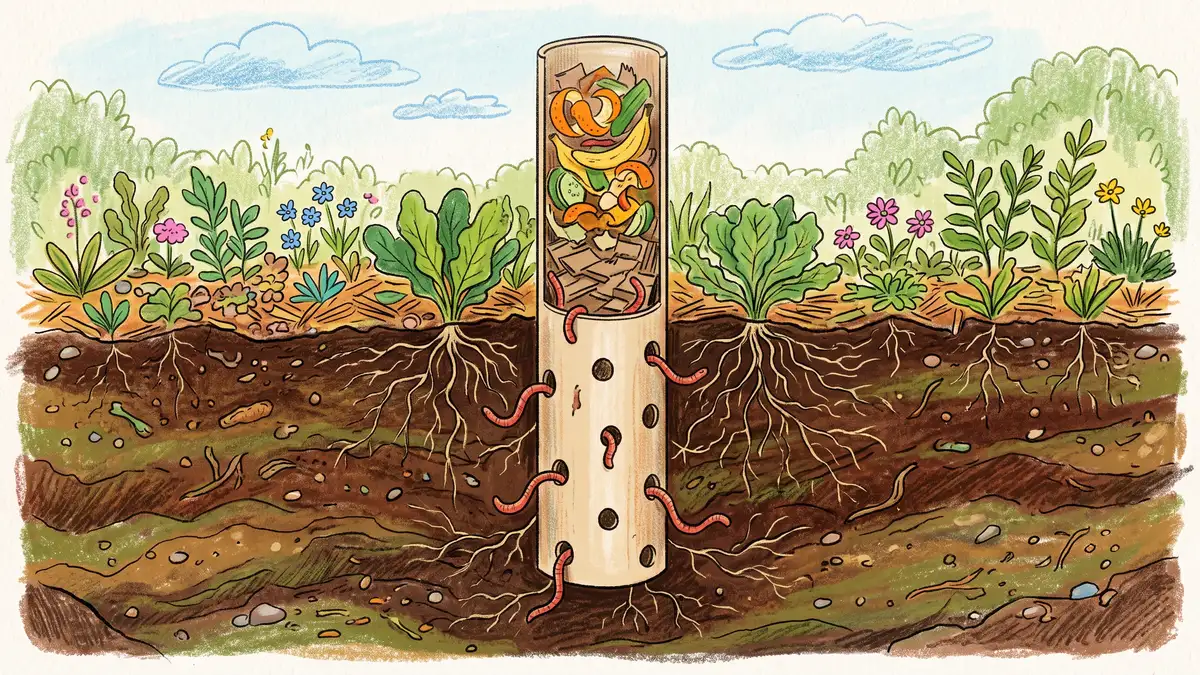 Cut-away view of a worm tower in a garden bed showing perforated pipe filled with scraps and red worms moving into surrounding soil