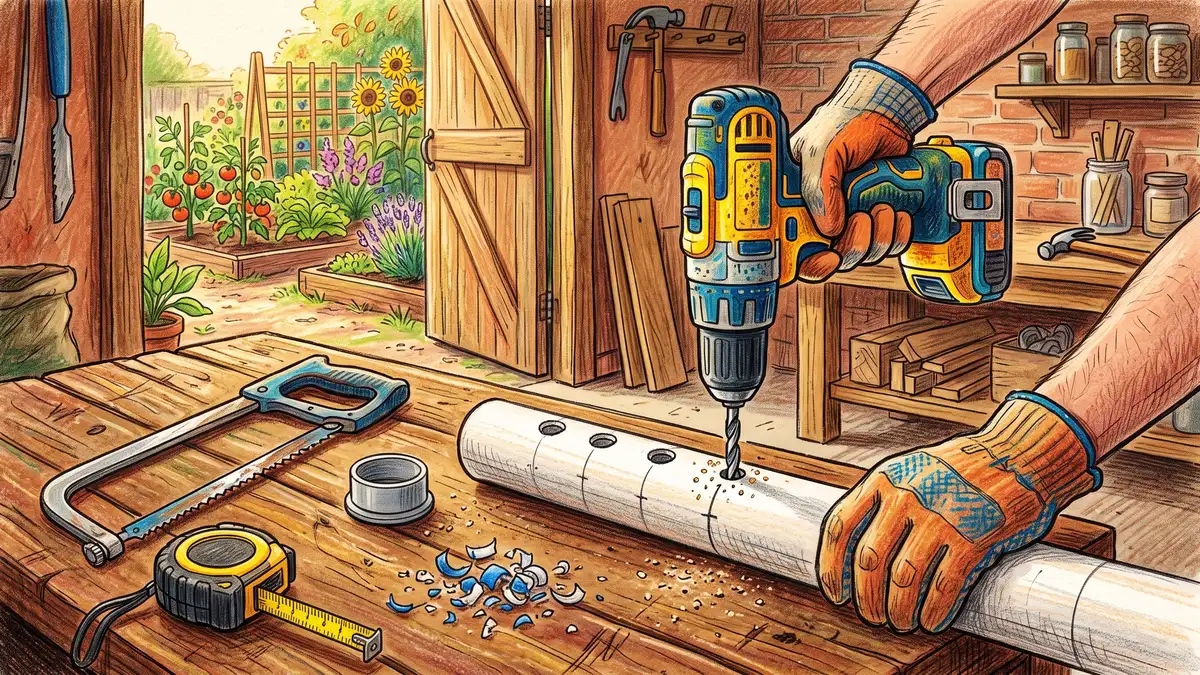 Hands drilling a row of holes into a length of PVC pipe on a workbench with saw, tape measure and end cap alongside