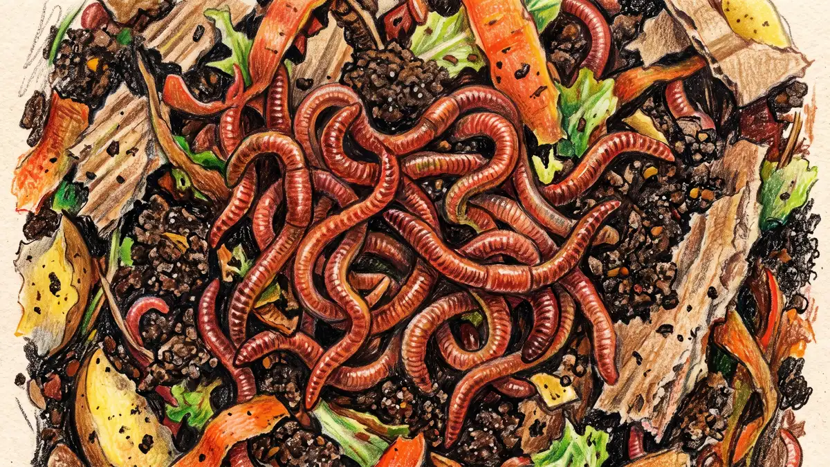 Extreme close-up of red wiggler composting worms among dark crumbly castings and fragments of shredded cardboard and vegetable peel