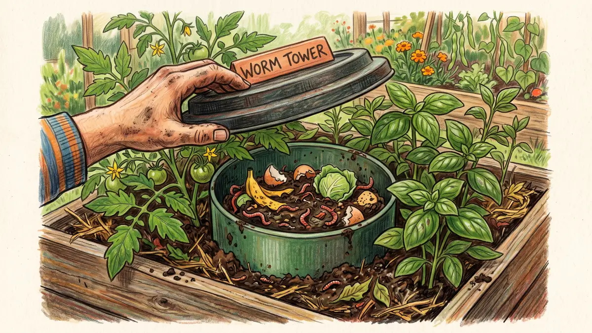 Hand lifting the lid off a worm tower set into a raised bed revealing dark castings and kitchen scraps with tomato foliage around the rim