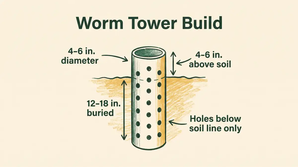 Infographic showing worm tower build dimensions with 4 to 6 inch diameter pipe buried 12 to 18 inches with holes below the soil line