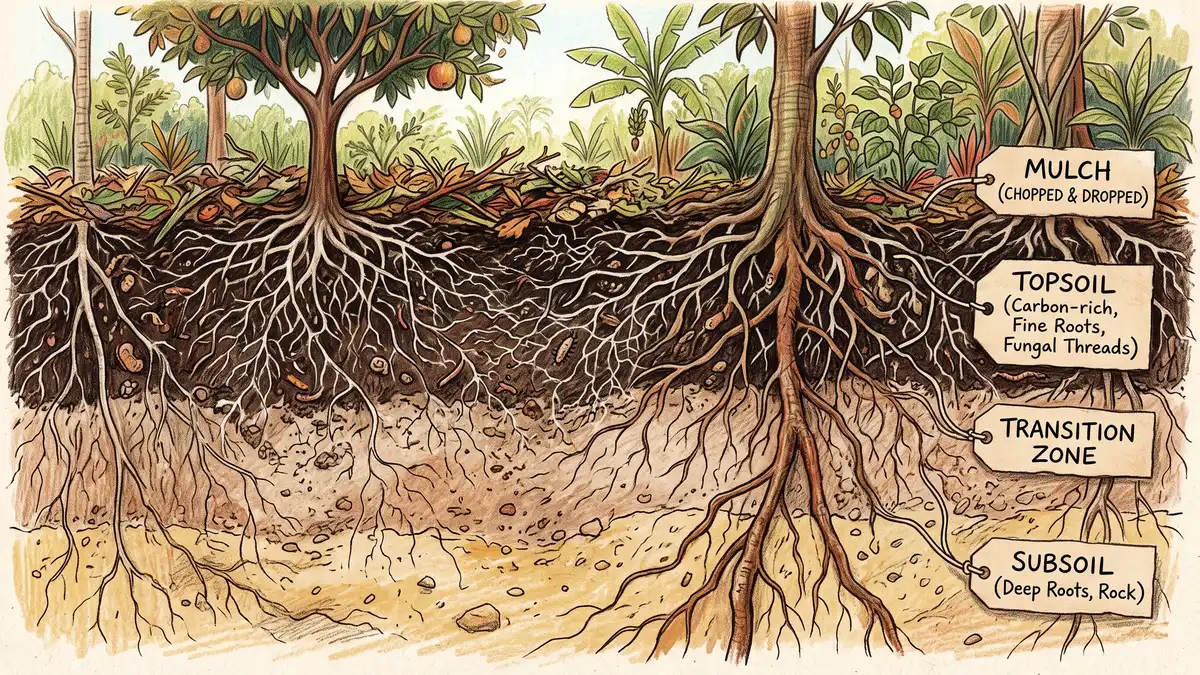 Soil profile cut-away of a syntropic system showing dark carbon-rich topsoil with roots and fungal threads grading into paler subsoil beneath chopped mulch