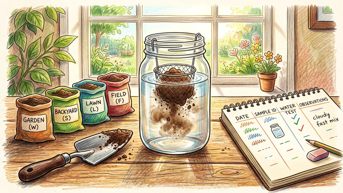 Kitchen table soil testing scene with a jar slake test, labelled sample bags, handwritten notebook columns and a trowel