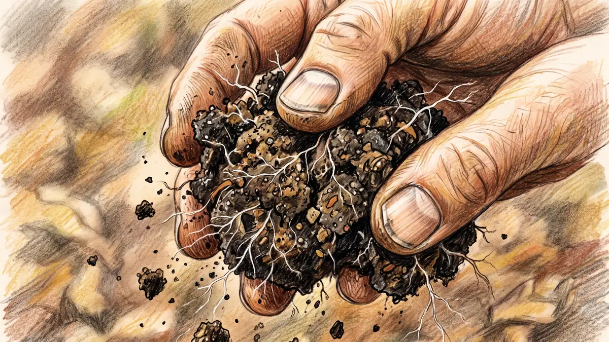 Extreme close-up of a hand crumbling a dark well-aggregated soil clod with visible crumbs, fungal threads and fine root hairs