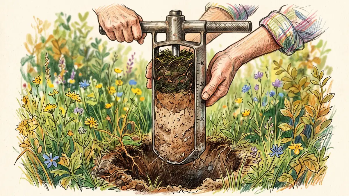 Steel soil core sampler holding an intact vertical core showing a dark upper band grading into paler subsoil
