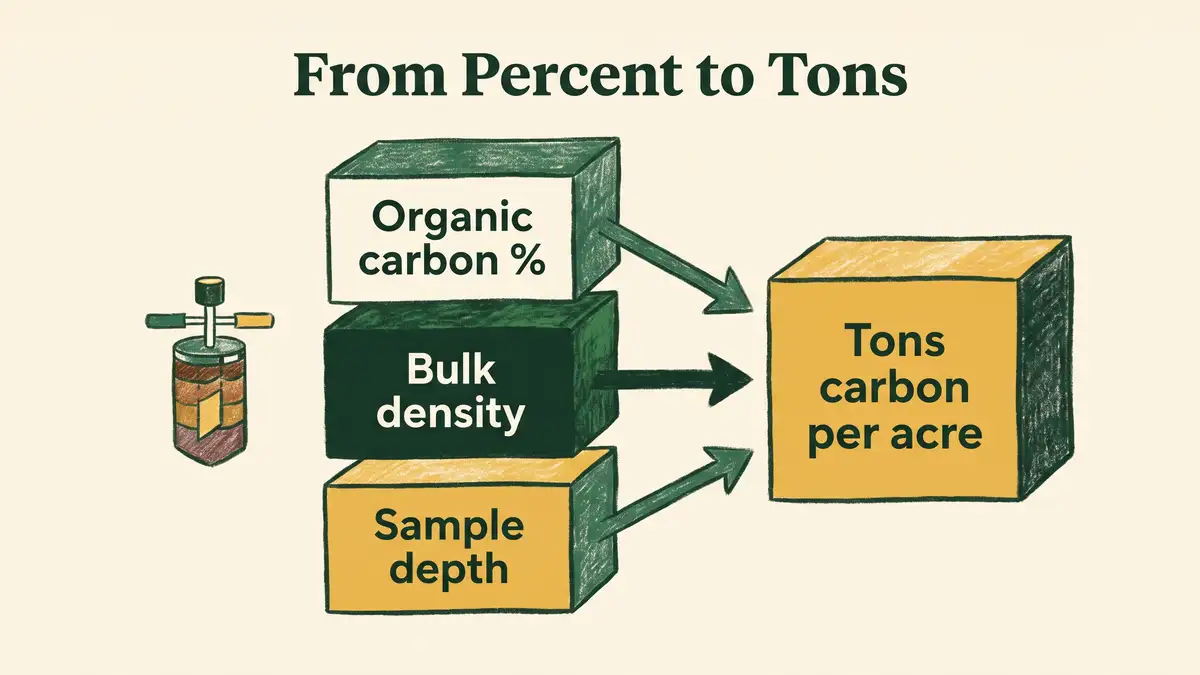 Infographic showing organic carbon percentage, bulk density and sample depth combining to produce tons of carbon per acre