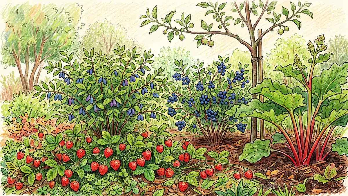 Early summer food forest with ripe strawberries across the ground layer, honeyberry and serviceberry bushes in fruit and a young apple tree above