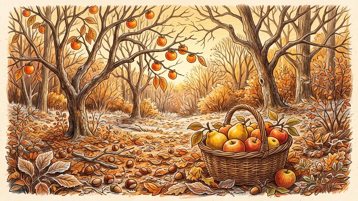 Late autumn food forest with orange persimmons on bare branches, hazelnuts and chestnuts in leaf litter and a basket of quince and late apples