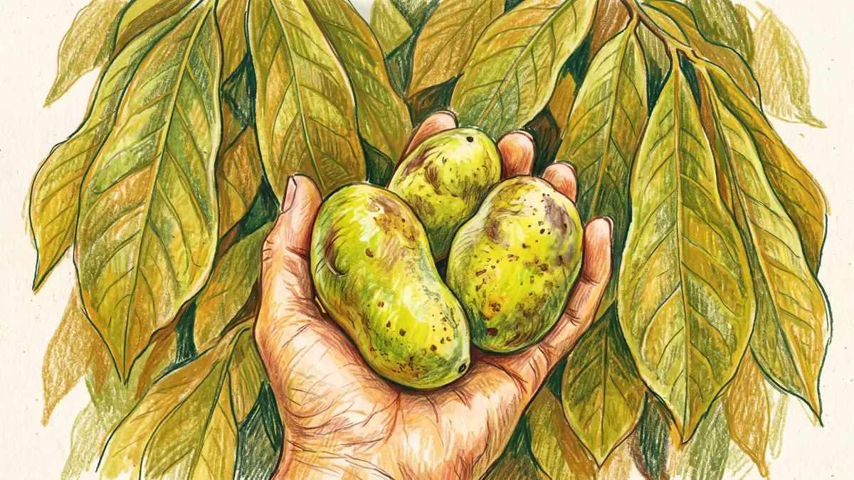 Hand cupping three ripe pawpaw fruits with slightly wrinkled green-yellow skin against large drooping pawpaw leaves