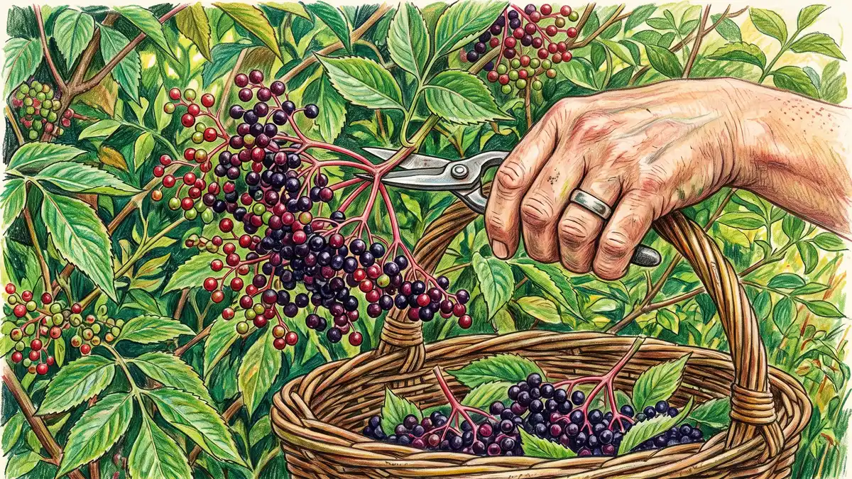 Dark elderberry clusters being cut into a shallow basket with snips, some berries still red and unripe on the same head