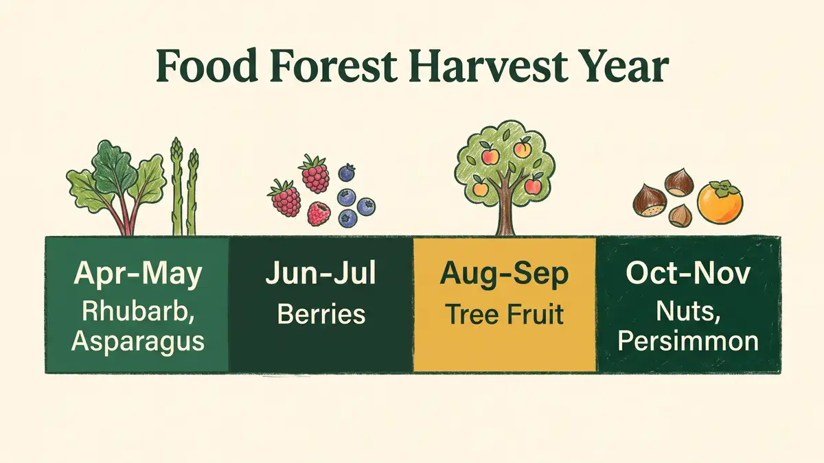 Infographic showing the food forest harvest year divided into four seasonal blocks from spring stalks through berries, tree fruit and autumn nuts