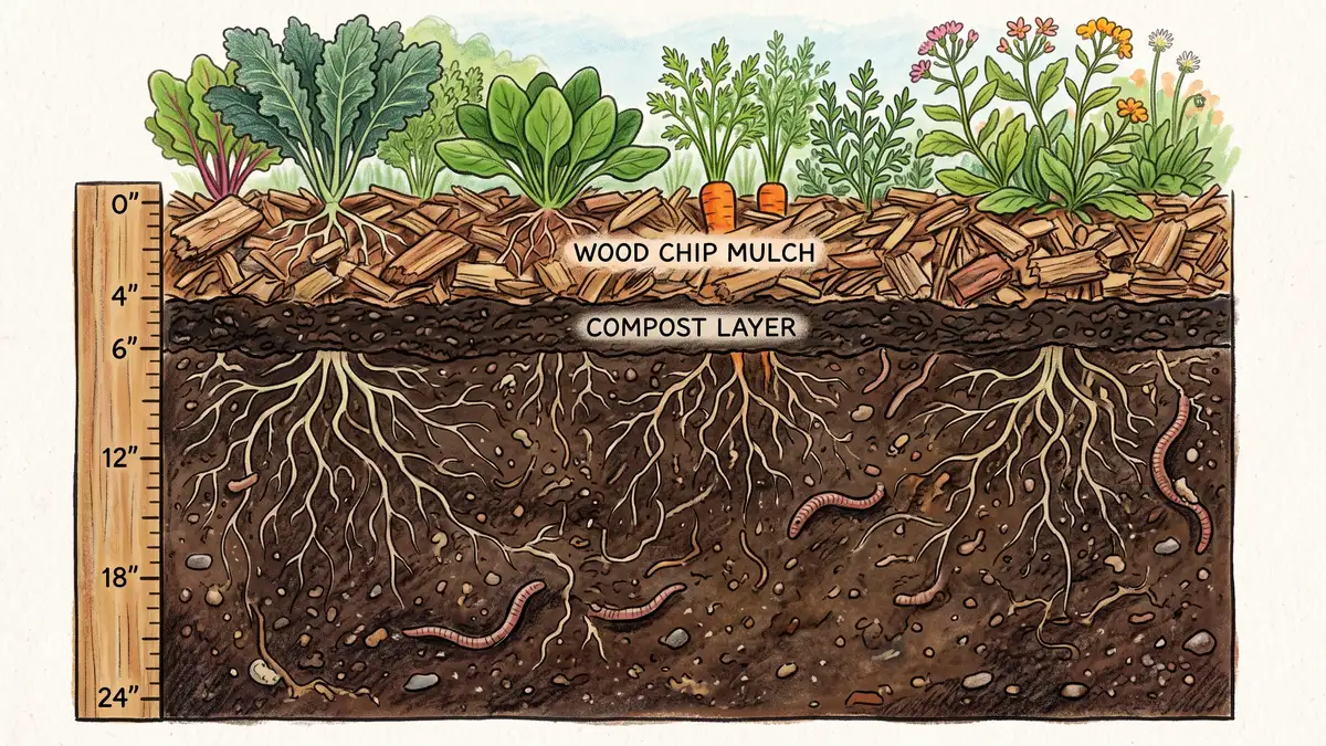 Cross-section diagram of a Back to Eden garden bed showing four inches of arborist wood chips over compost and dark topsoil with earthworms
