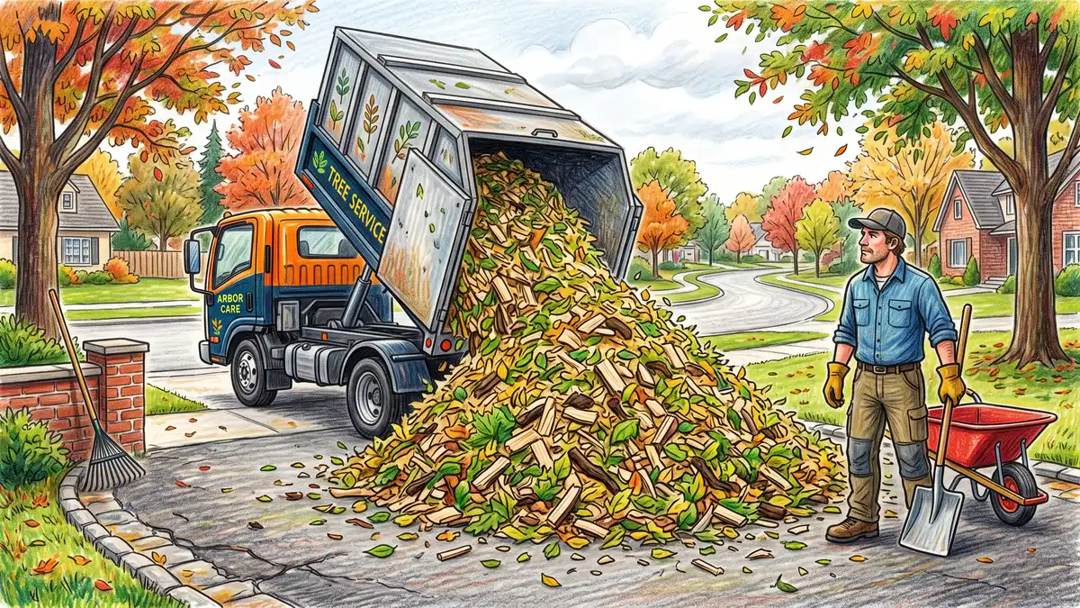Tree service truck tipping a full load of fresh arborist wood chips onto a driveway with a gardener and wheelbarrow ready to spread it