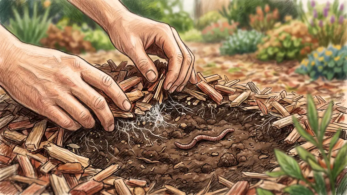 Gardener's hands pulling back wood chip mulch to reveal dark moist soil with white fungal threads and an earthworm at the boundary layer