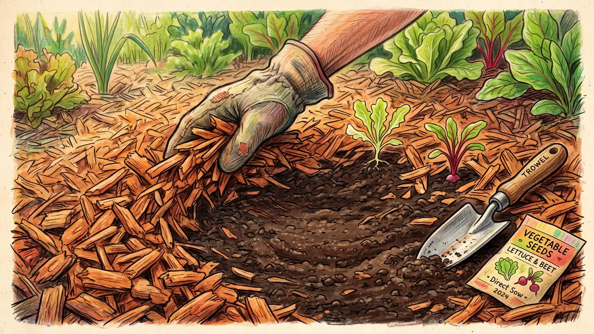 Gardener sweeping wood chips aside to expose a clean strip of bare soil for direct sowing lettuce and beet seed