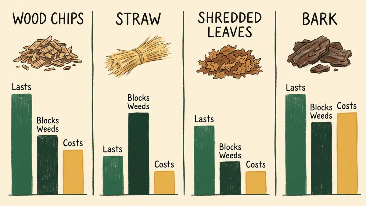 Infographic comparing wood chips, straw, shredded leaves and bark mulch on longevity, weed suppression and cost for garden use