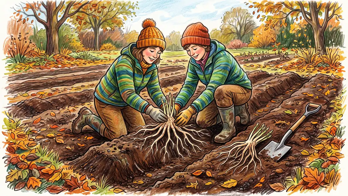 Gardener planting a bare-root asparagus crown into a wide shallow trench in autumn soil, roots spread over a low ridge