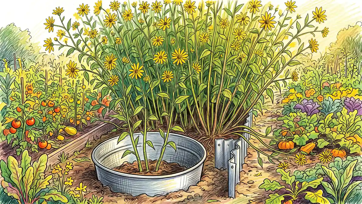 Dense clump of tall Jerusalem artichoke plants with yellow flowers spreading beyond their bed, with a sunken root barrier in the foreground