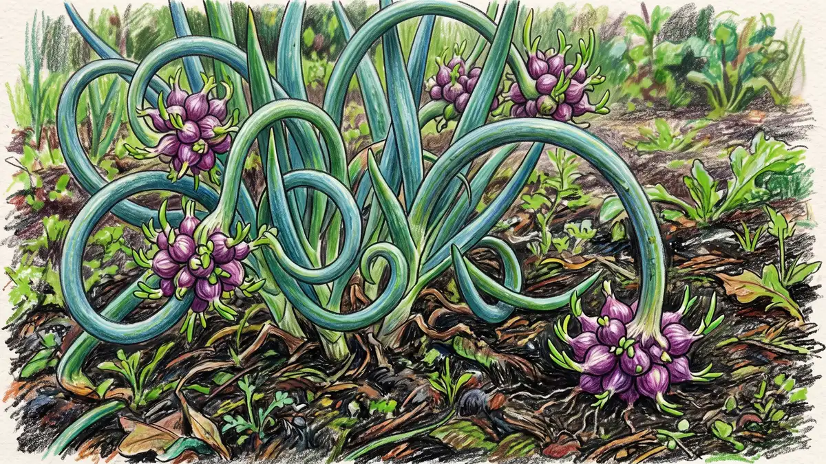 Close-up of walking onions with curled stems topped by clusters of small purple bulbils bending back down toward the soil